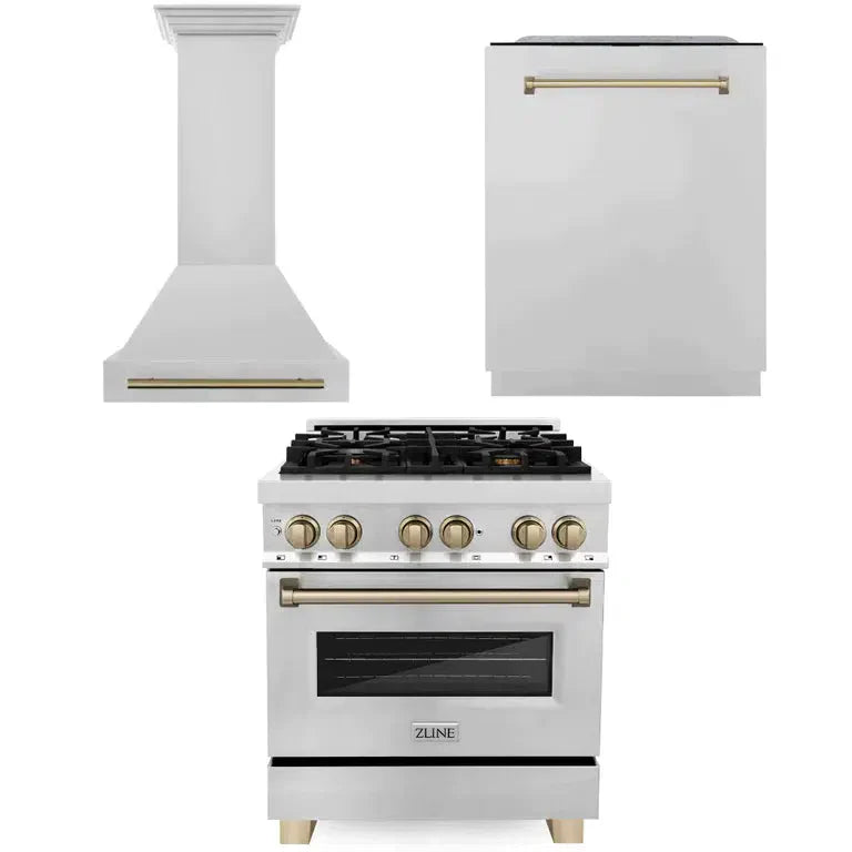 ZLINE 30" Autograph Edition Kitchen Package with Stainless Steel Dual Fuel Range, Range Hood and Dishwasher with Champagne Bronze Accents (3AKP-RARHDWM30-CB)