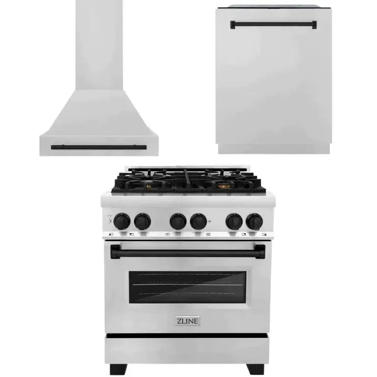 ZLINE 30" Autograph Edition Kitchen Package with Stainless Steel Dual Fuel Range, Range Hood and Dishwasher with Matte Black Accents (3AKP-RARHDWM30-MB)