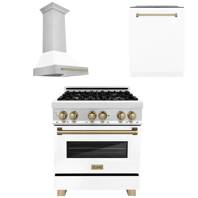 ZLINE 30 in. Autograph Edition Kitchen Package with Stainless Steel Dual Fuel Range with White Matte Door, Range Hood and Dishwasher with Champagne Bronze Accents (3AKP-RAWMRHDWM30-CB)