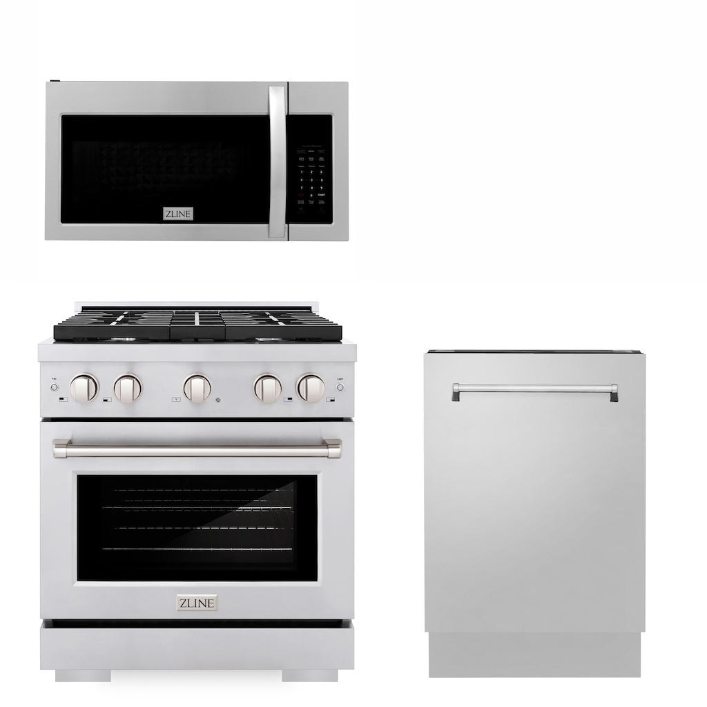 ZLINE 30" Kitchen Package with Stainless Steel Gas Range, Modern Over The Range Microwave and Tall Tub Dishwasher (3KP-SGROTR30-DWV)