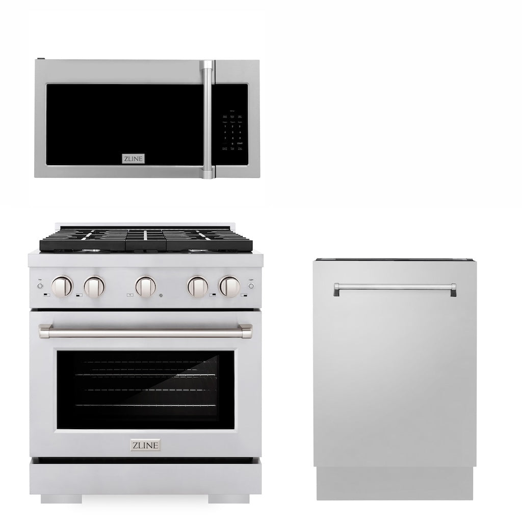 ZLINE 30" Kitchen Package with Stainless Steel GAs Range, Traditional Over The Range Microwave and Tall Tub Dishwasher (3KP-SGROTRH30-DWV)
