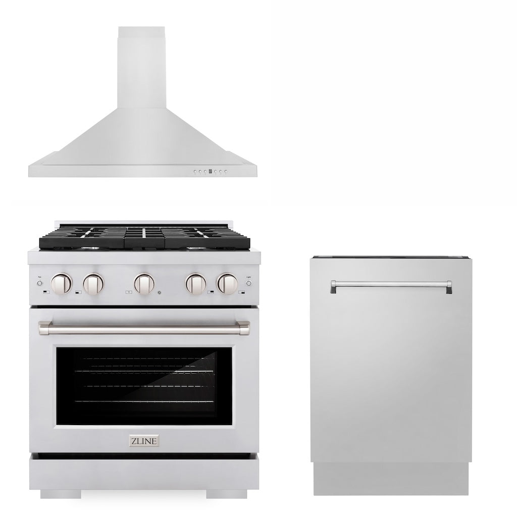 ZLINE 30" Kitchen Package with Stainless Steel Gas Range, Convertible Vent Range Hood and Tall Tub Dishwasher (3KP-SGRRH30-DWV)