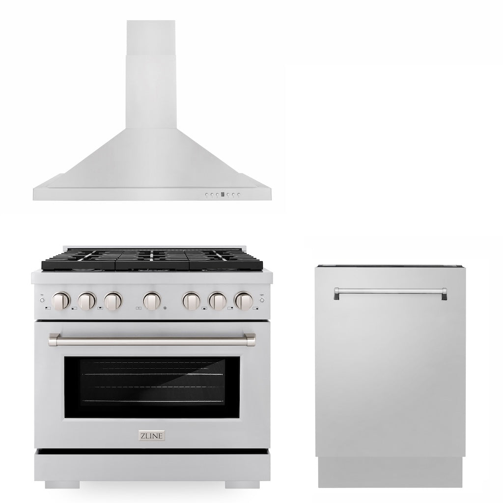 ZLINE 36" Kitchen Package with Stainless Steel Gas Range, Convertible Vent Range Hood and Tall Tub Dishwasher (3KP-SGRRH36-DWV)
