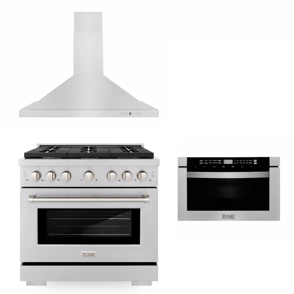 ZLINE 36" Kitchen Package with Stainless Steel Gas Range, Convertible Vent Range Hood and Microwave Drawer (3KP-SGRRH36-MW)