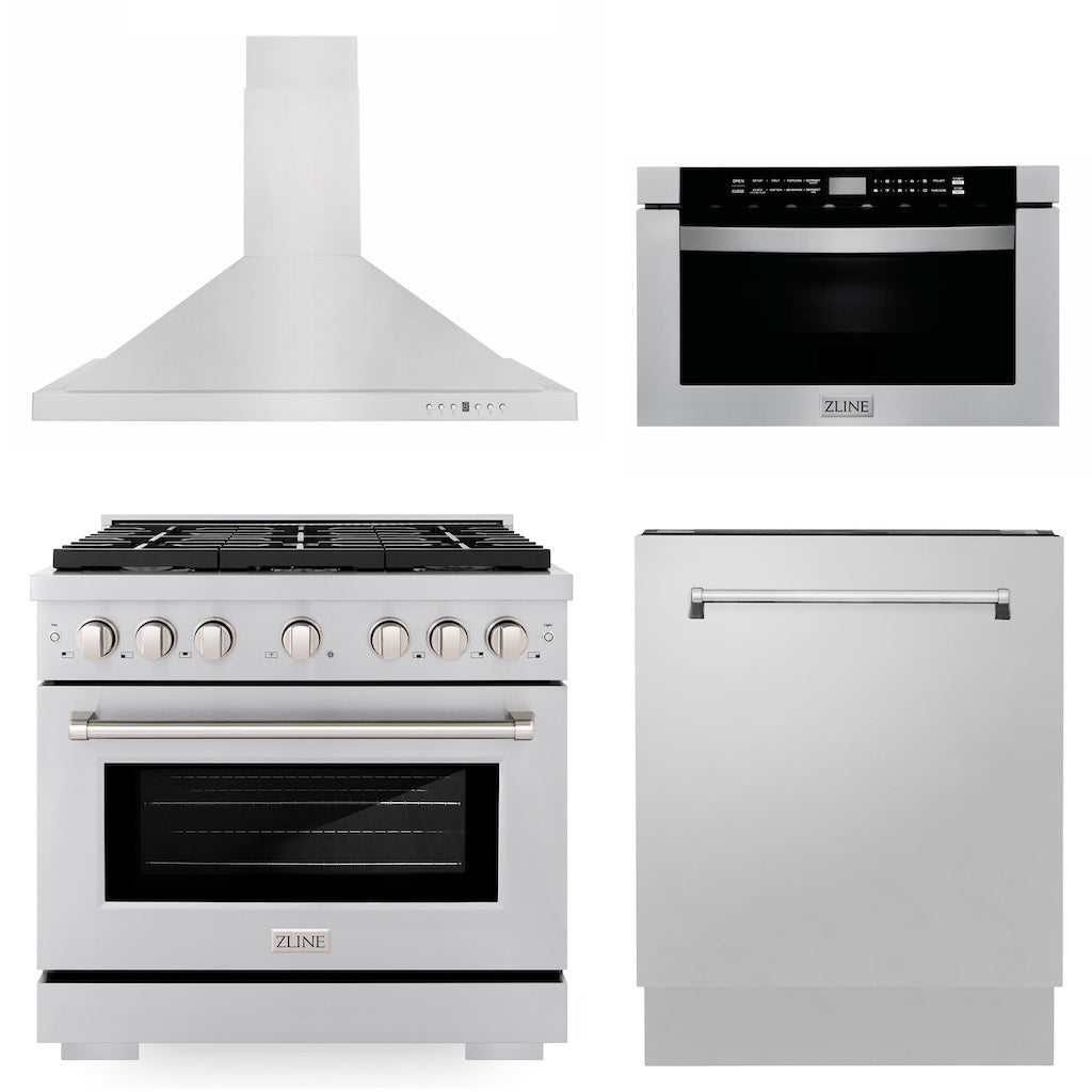 ZLINE 36" Kitchen Package with Stainless Steel Gas Range, Range Hood, Microwave Drawer and Tall Tub Dishwasher (4KP-SGRRH36-MWDWV)