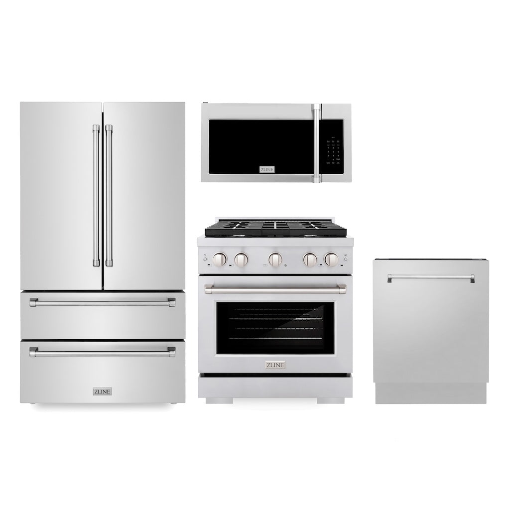 ZLINE Kitchen Package with Refrigeration, 30" Stainless Steel Gas Range, 30" Traditional Over The Range Microwave and 24" Tall Tub Dishwasher (4KPR-SGROTRH30-DWV)