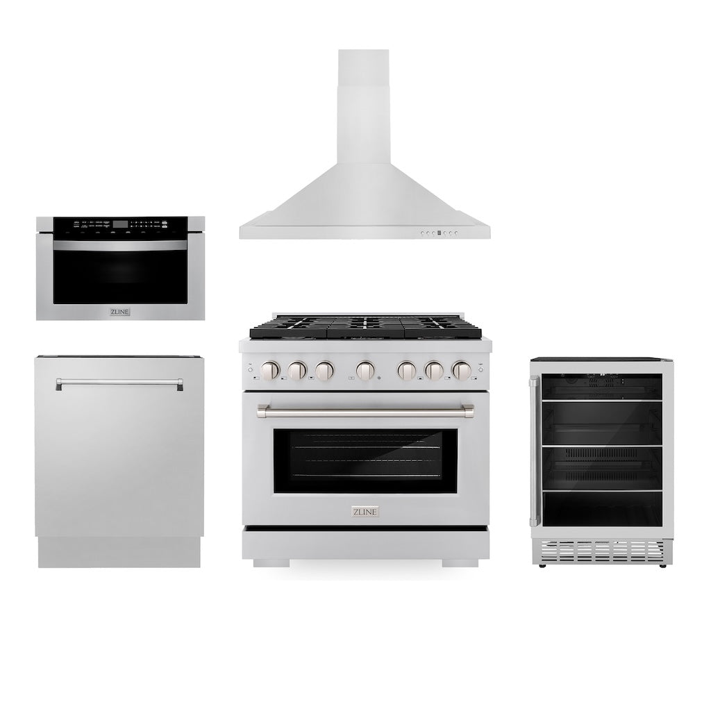 ZLINE 36" Kitchen Package with Stainless Steel Gas Range, Range Hood, Microwave Drawer, Tall Tub Dishwasher and Beverage Fridge (5KP-SGRRH36-MWDWV-RBV)