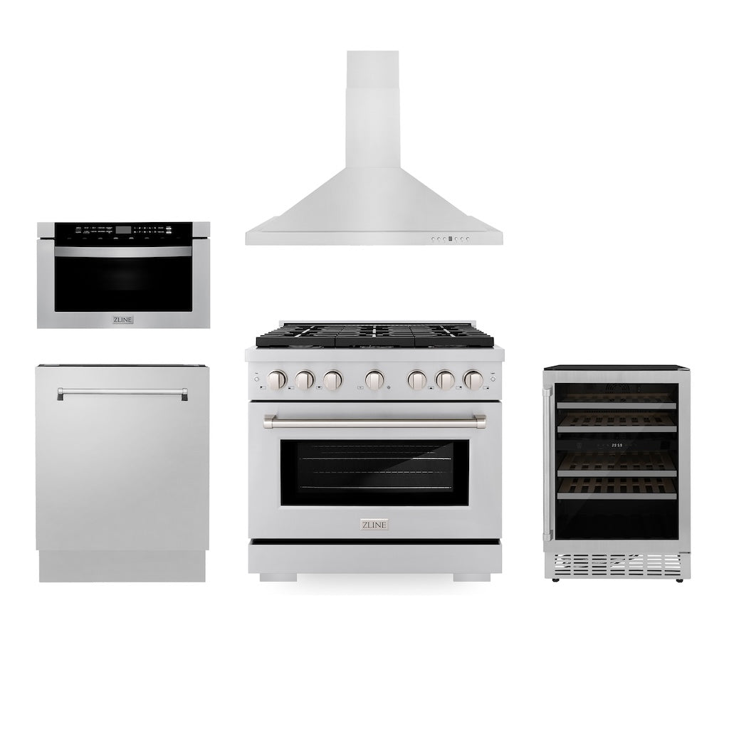 ZLINE 36" Kitchen Package with Stainless Steel Gas Range, Range Hood, Microwave Drawer, Tall Tub Dishwasher and Wine Cooler (5KP-SGRRH36-MWDWV-RWV)