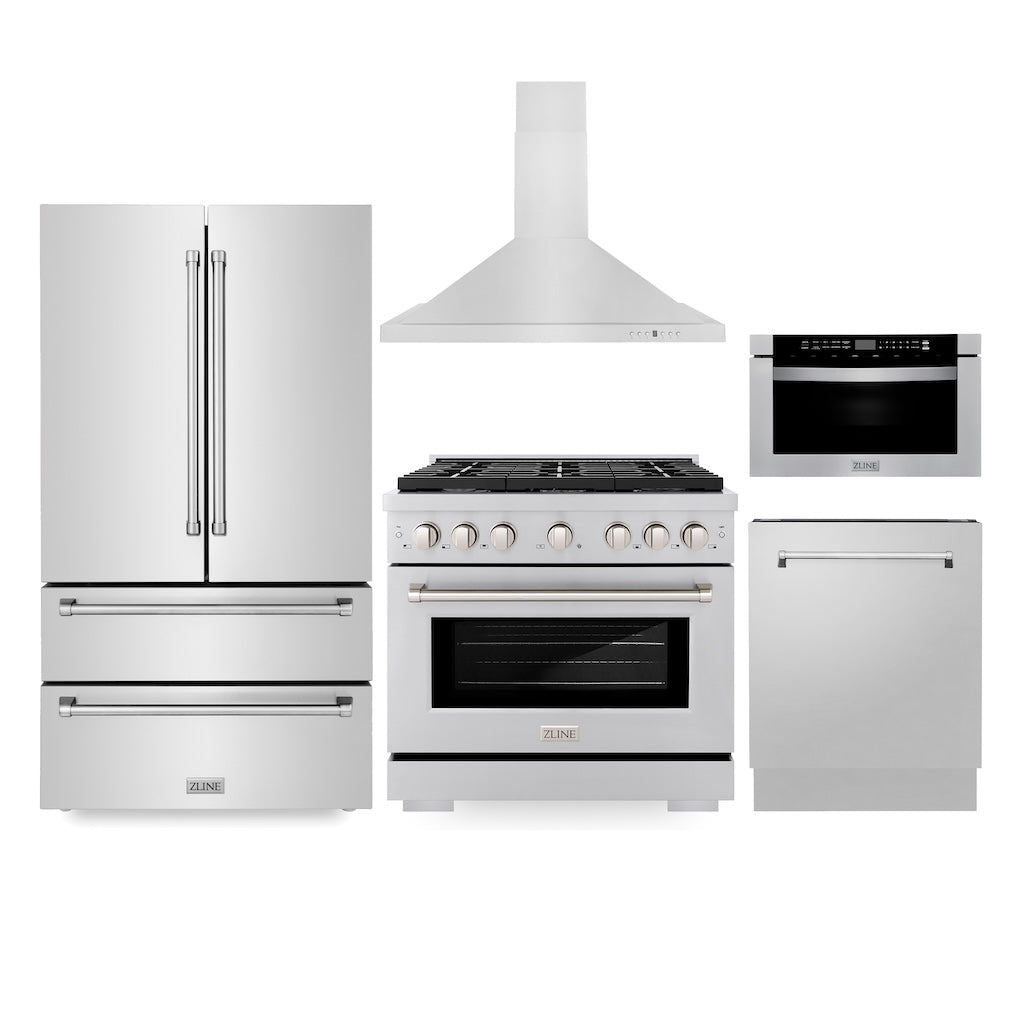ZLINE Kitchen Package with Refrigeration, 36" Stainless Steel Gas Range, 36" Range Hood, Microwave Drawer, and 24" Tall Tub Dishwasher (5KPR-SGRRH36-MWDWV)