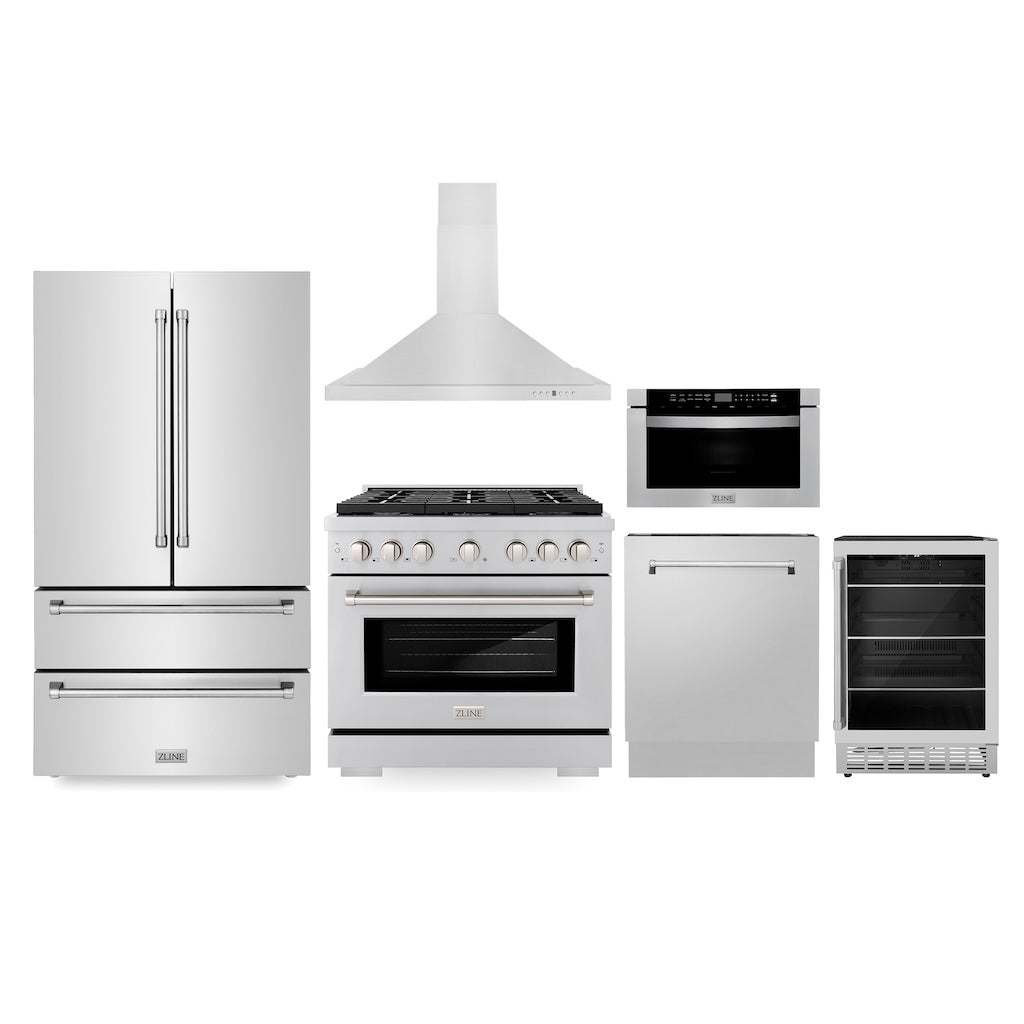 ZLINE Kitchen Package with Refrigeration, 36" Stainless Steel Gas Range, 36" Range Hood, Microwave Drawer, 24" Tall Tub Dishwasher and Beverage Fridge (6KPR-SGRRH36-MWDWV-RBV)