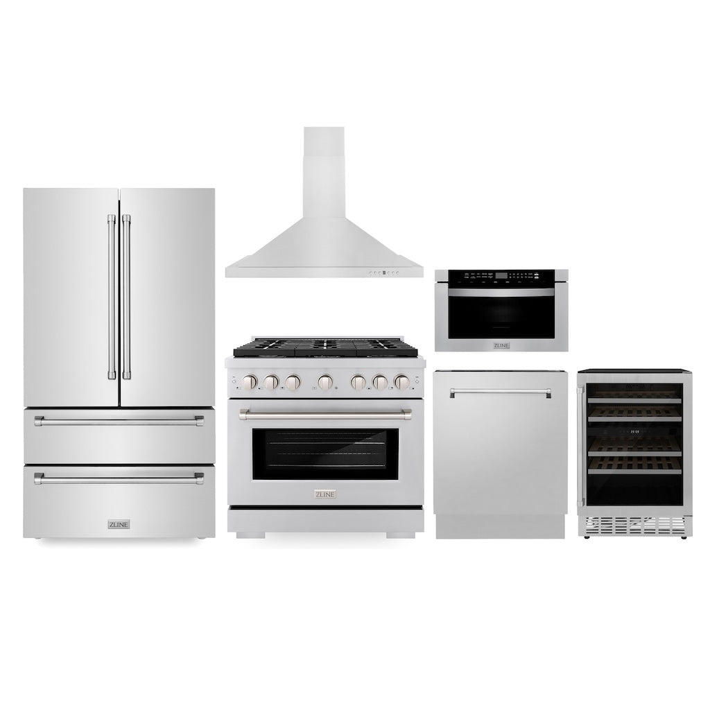 ZLINE Kitchen Package with Refrigeration, 36" Stainless Steel Gas Range, 36" Range Hood, Microwave Drawer, 24" Tall Tub Dishwasher and Wine Cooler (6KPR-SGRRH36-MWDWV-RWV)