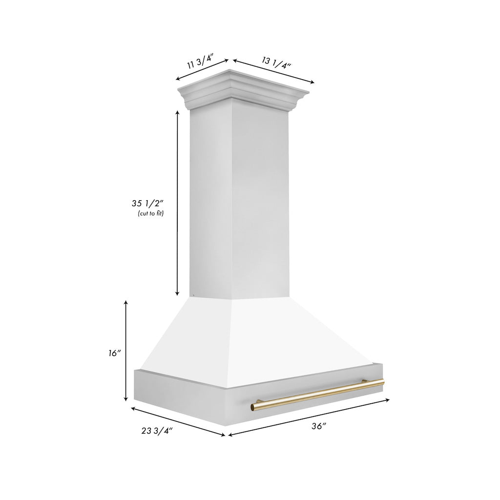 36" ZLINE Autograph Edition Stainless Steel Range Hood with White Matte Shell and Gold Handle (8654STZ-WM36-G)