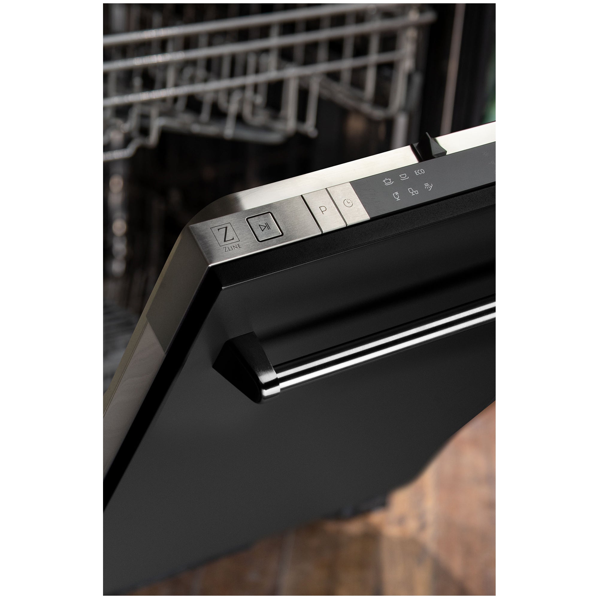 ZLINE 18 in. Compact Black Matte Top Control Built-In Dishwasher with Stainless Steel Tub and Traditional Style Handle, 52dBa