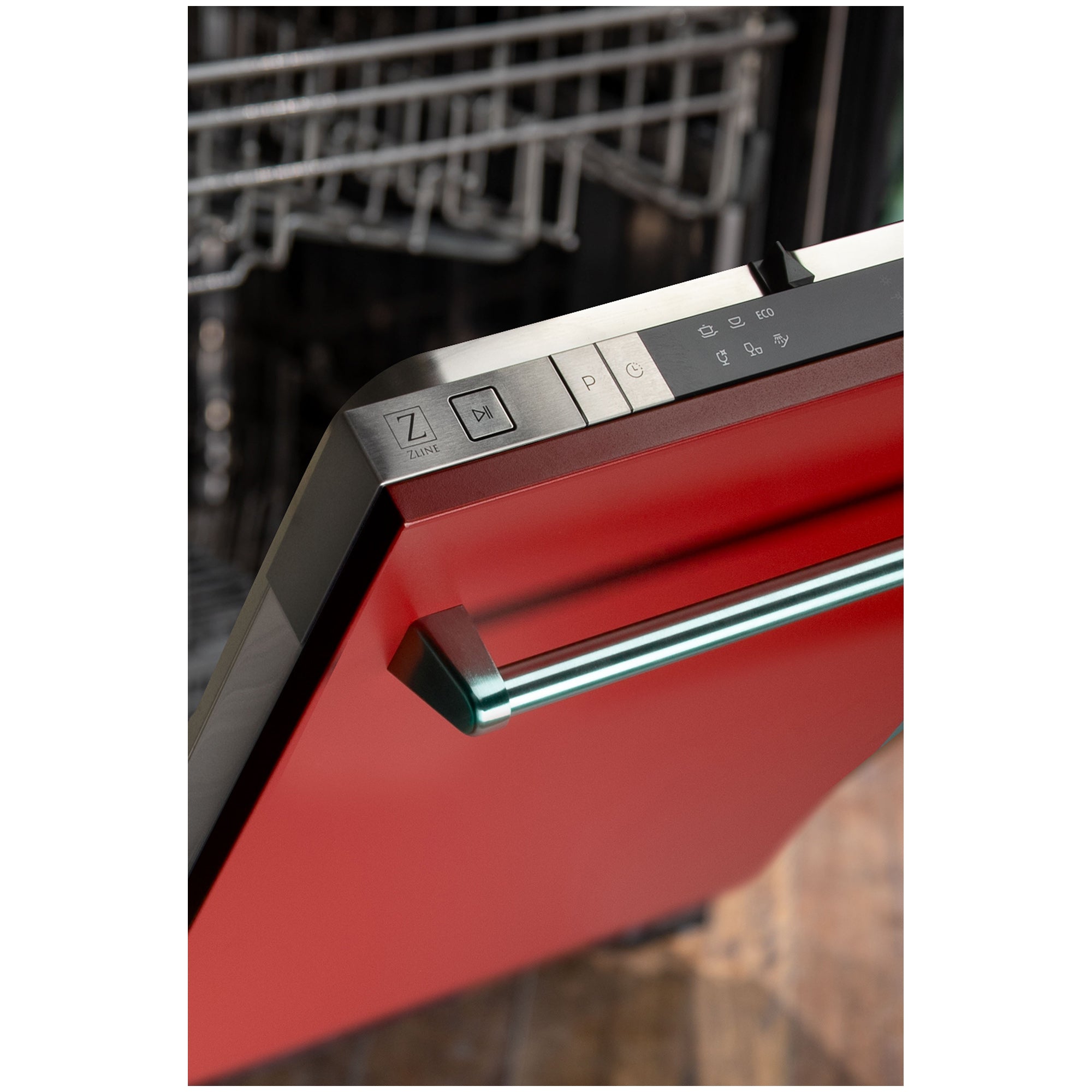 ZLINE 18 in. Compact Red Matte Top Control Built-In Dishwasher with Stainless Steel Tub and Traditional Style Handle, 52dBa