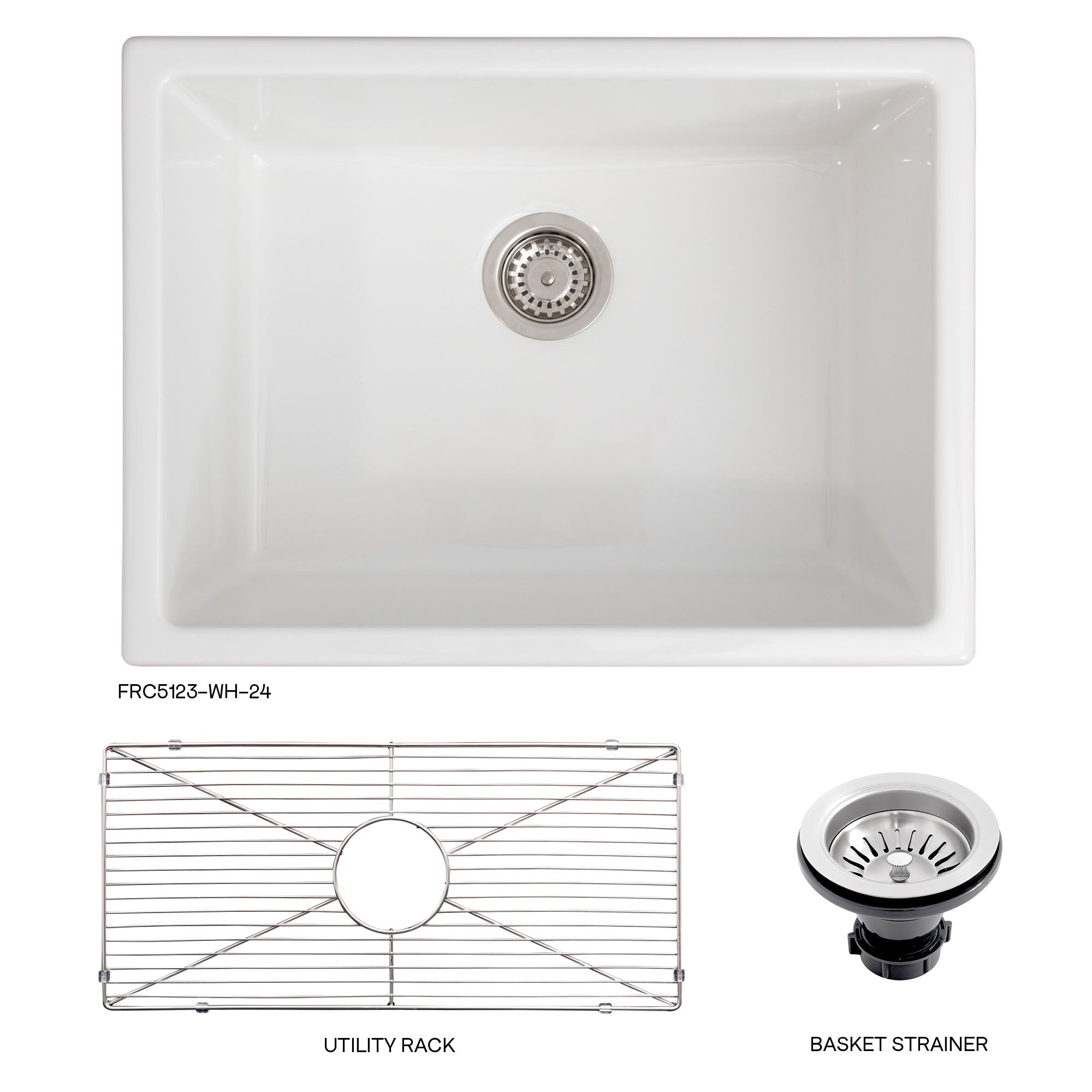 ZLINE 24" Rome Dual Mount Single Bowl Fireclay Kitchen Sink with Bottom Grid in White Gloss (FRC5123-WH-24)