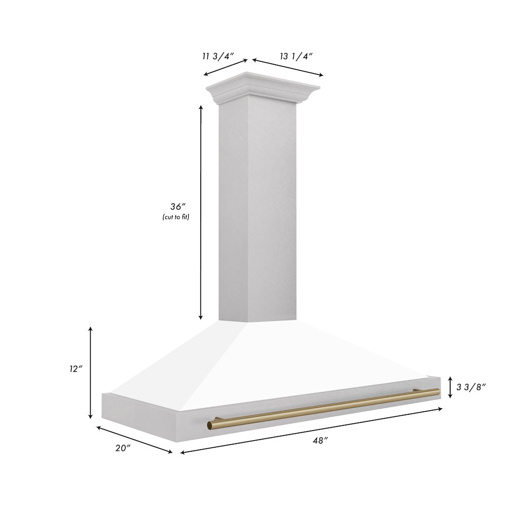 ZLINE 48 in. Autograph Edition Convertible Fingerprint Resistant DuraSnow Stainless Steel Range Hood with White Matte Shell and Champagne Bronze Handle (KB4SNZ-WM48-CB)
