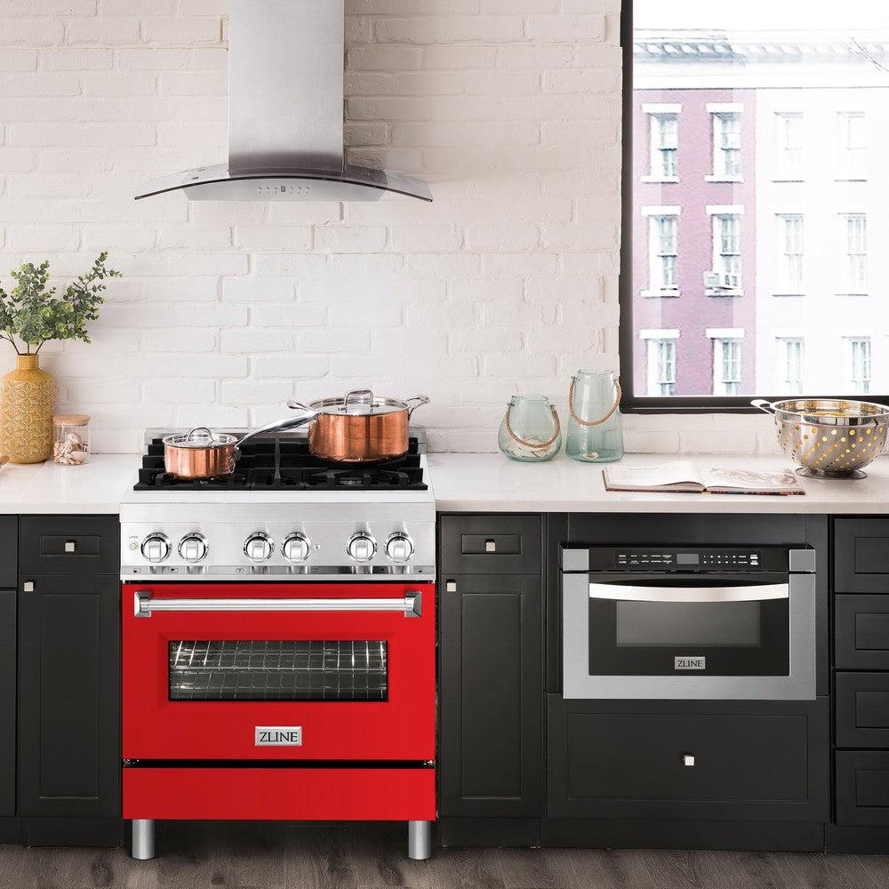 ZLINE 30" 4.0 cu. ft. Dual Fuel Range with Gas Stove and Electric Oven in Stainless Steel and Red Matte Door (RA-RM-30)