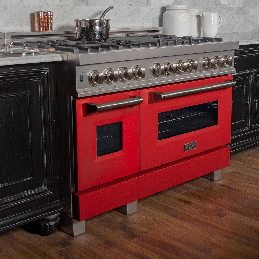 ZLINE 48" 6.0 cu. ft. Dual Fuel Range with Gas Stove and Electric Oven in Fingerprint Resistant Stainless Steel and Red Matte Door (RAS-RM-48)