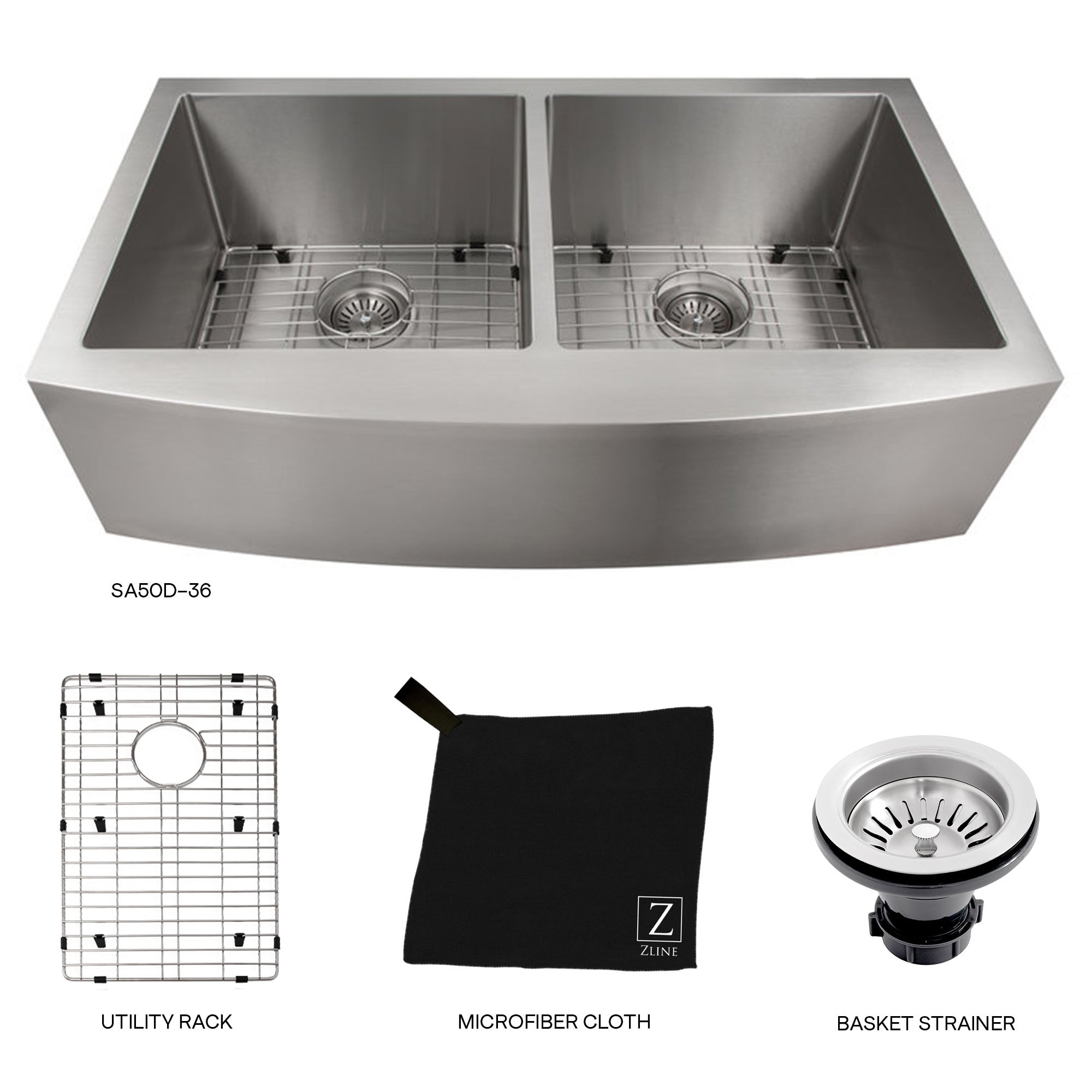ZLINE 36" Niseko Farmhouse Apron Mount Double Bowl Stainless Steel Kitchen Sink with Bottom Grid (SA50D-36)