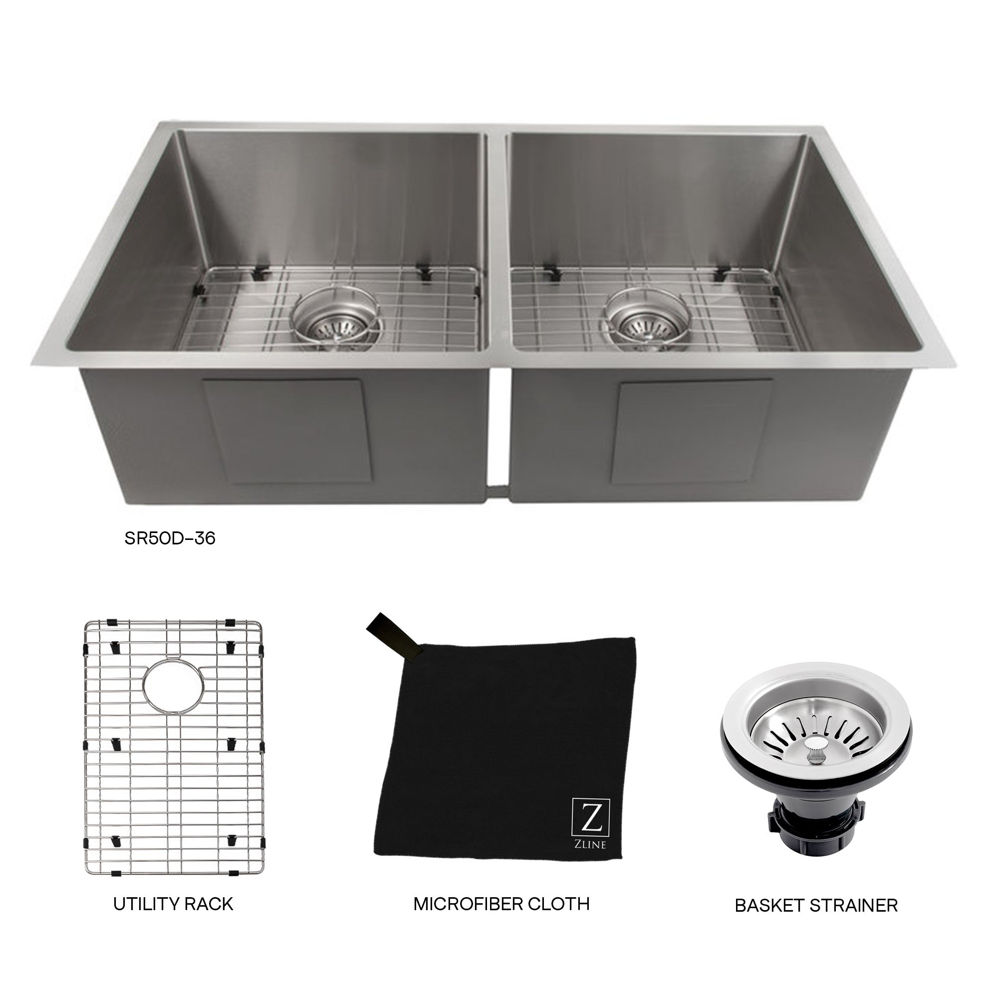 ZLINE 36" Anton Undermount Double Bowl Stainless Steel Kitchen Sink with Bottom Grid (SR50D-36)