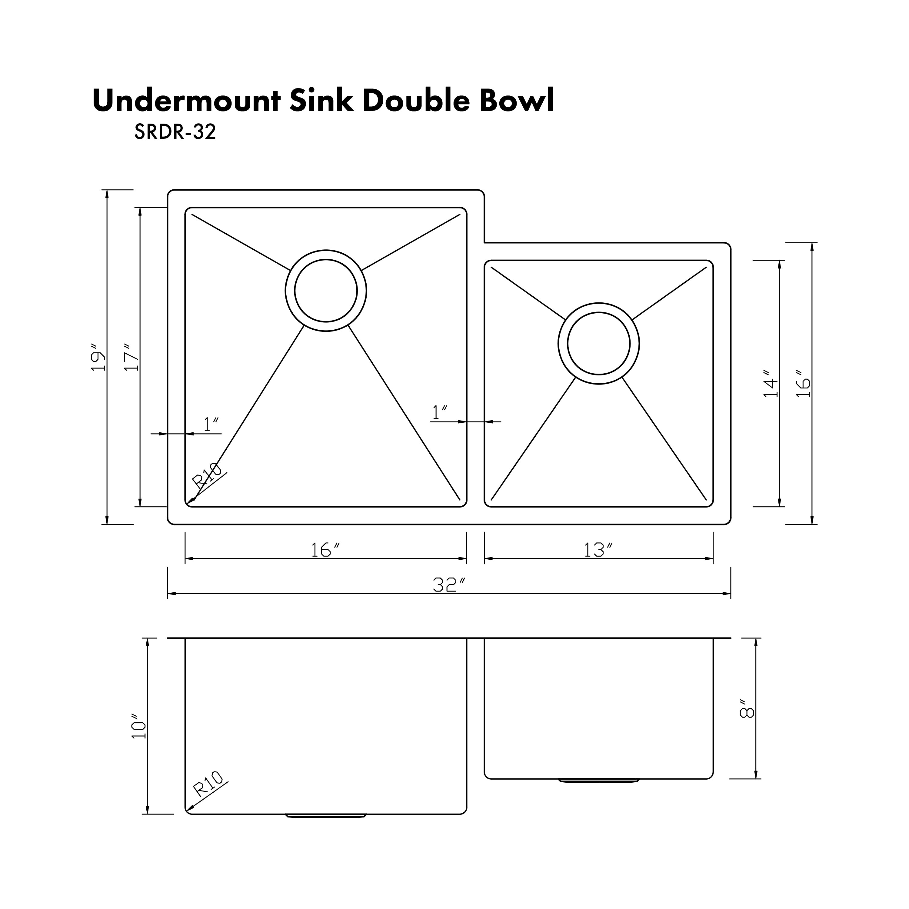 ZLINE 32" Jackson Undermount Double Bowl Stainless Steel Kitchen Sink with Bottom Grid (SRDR-32)