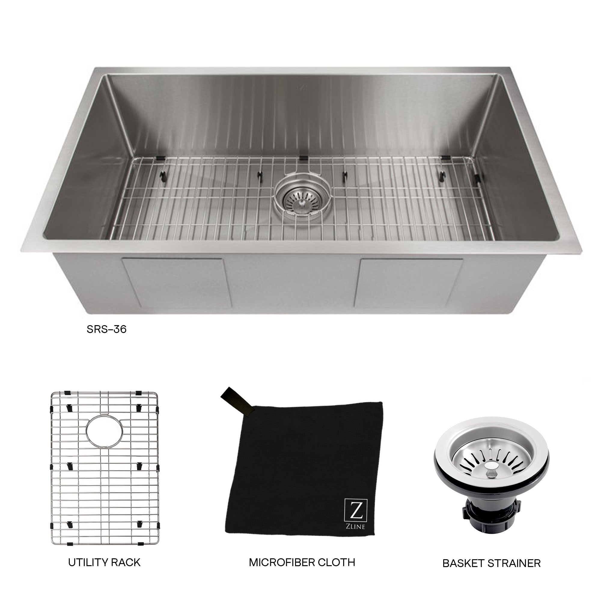 ZLINE 36" Meribel Undermount Single Bowl Stainless Steel Kitchen Sink with Bottom Grid (SRS-36)
