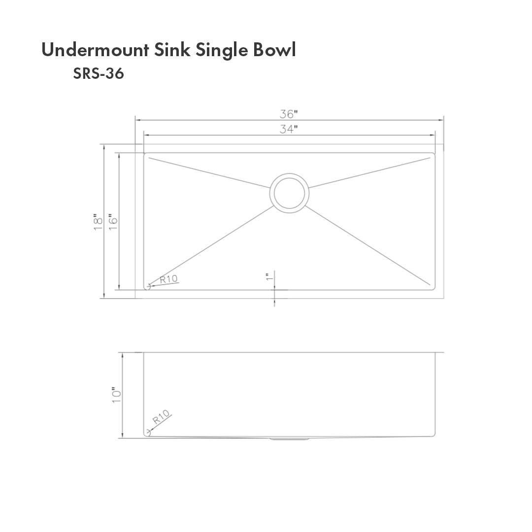 ZLINE 36" Meribel Undermount Single Bowl Stainless Steel Kitchen Sink with Bottom Grid (SRS-36)