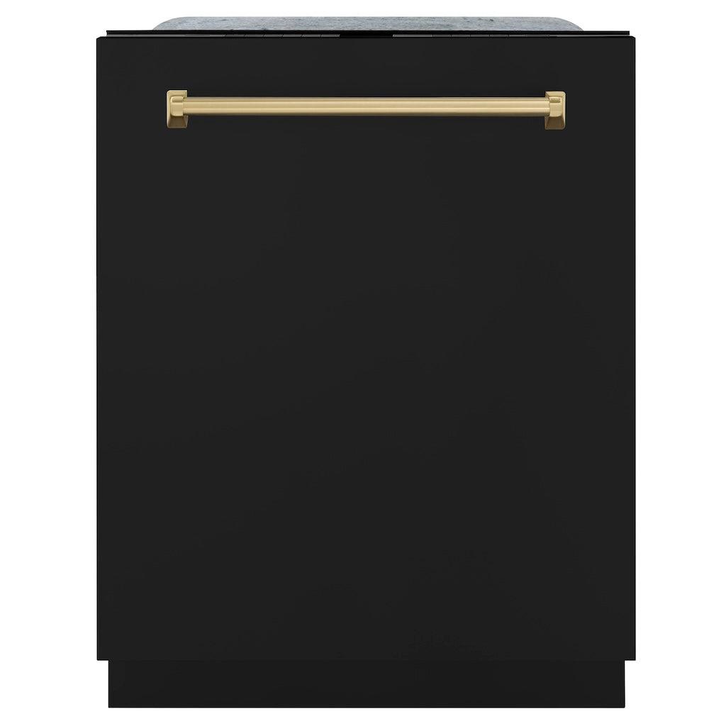 ZLINE Autograph Edition 24" Monument Series 3rd Rack Top Touch Control Tall Tub Dishwasher in Black Matte with Champagne Bronze Handle, 45dBa (DWMTZ-BLM-24-CB)