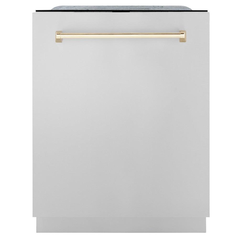 ZLINE Autograph Edition 24" Monument Series 3rd Rack Top Touch Control Tall Tub Dishwasher in Stainless Steel with Polished Gold Handle, 45dBa (DWMTZ-304-24-G)