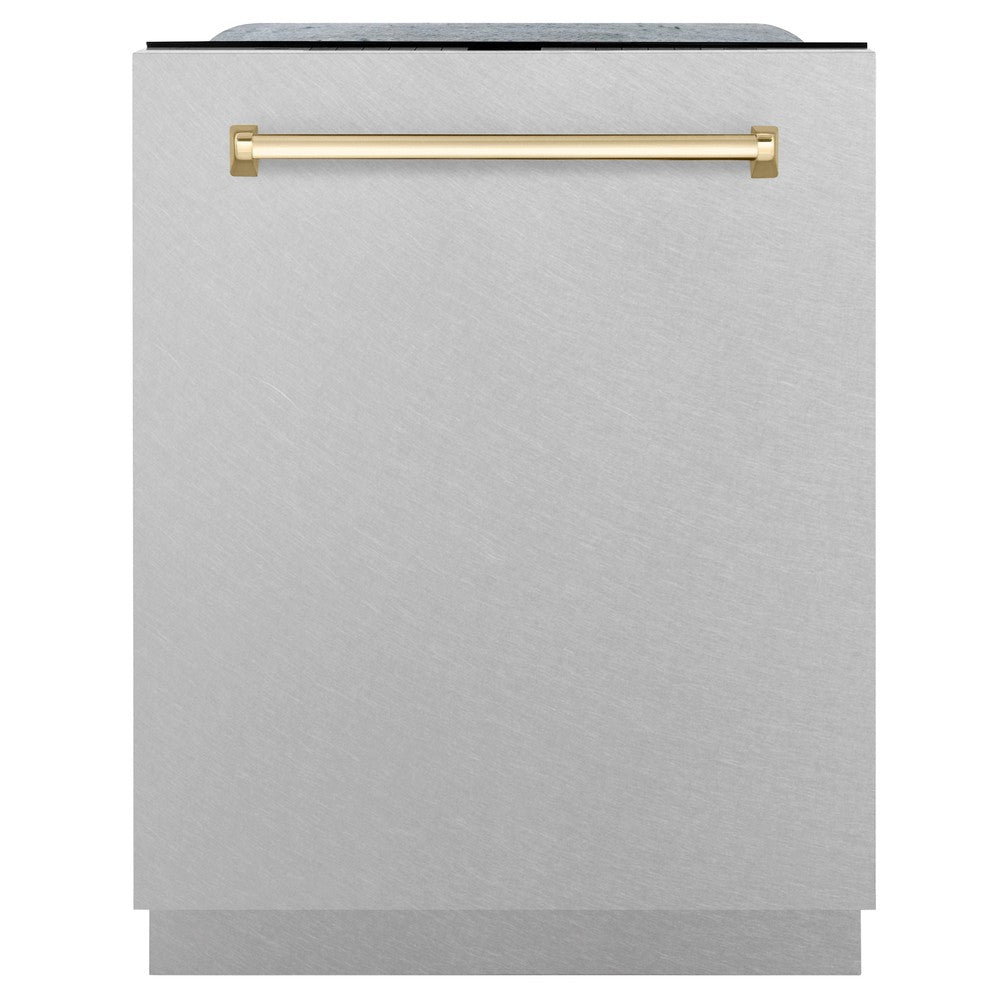 ZLINE Autograph Edition 24" 3rd Rack Top Touch Control Tall Tub Dishwasher in Fingerprint Resistant Stainless Steel with Gold Handle, 45dBa (DWMTZ-SN-24-G)