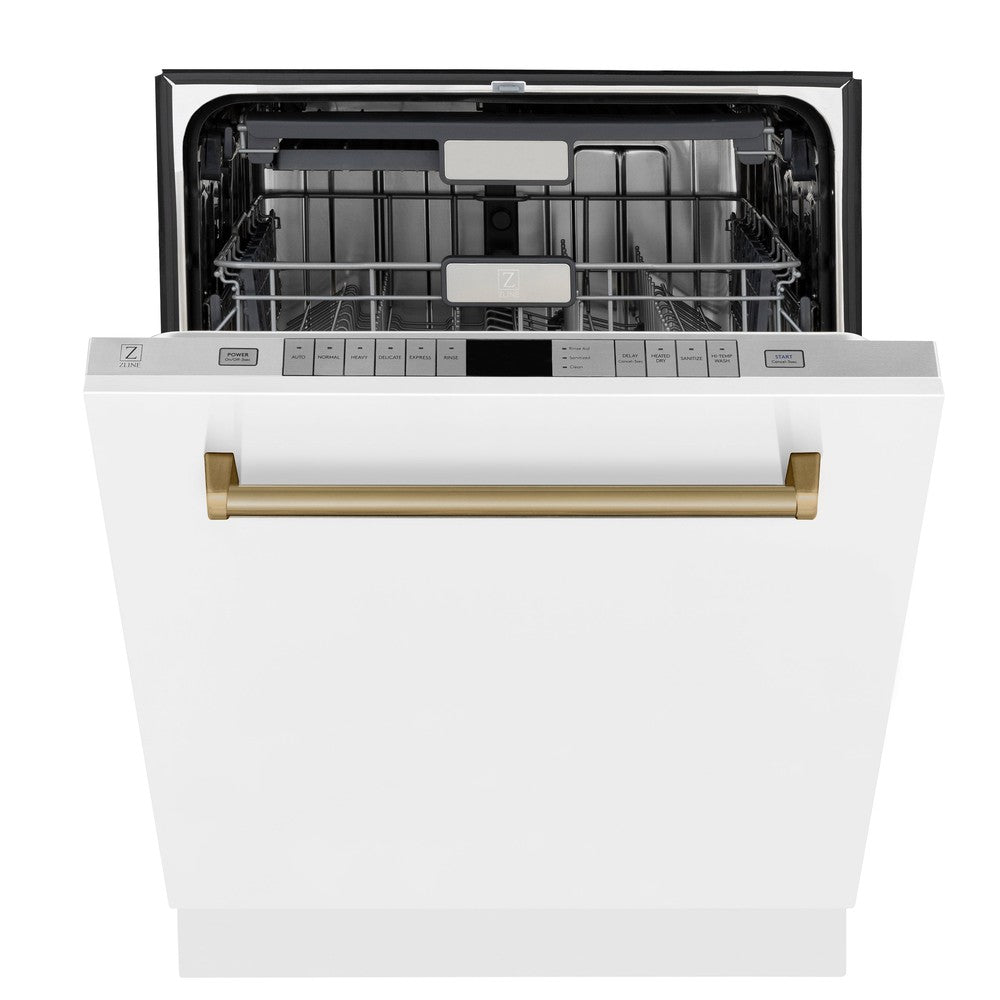 ZLINE Autograph Edition 24" 3rd Rack Top Touch Control Tall Tub Dishwasher in White Matte with Champagne Bronze Handle, 45dBa (DWMTZ-WM-24-CB)