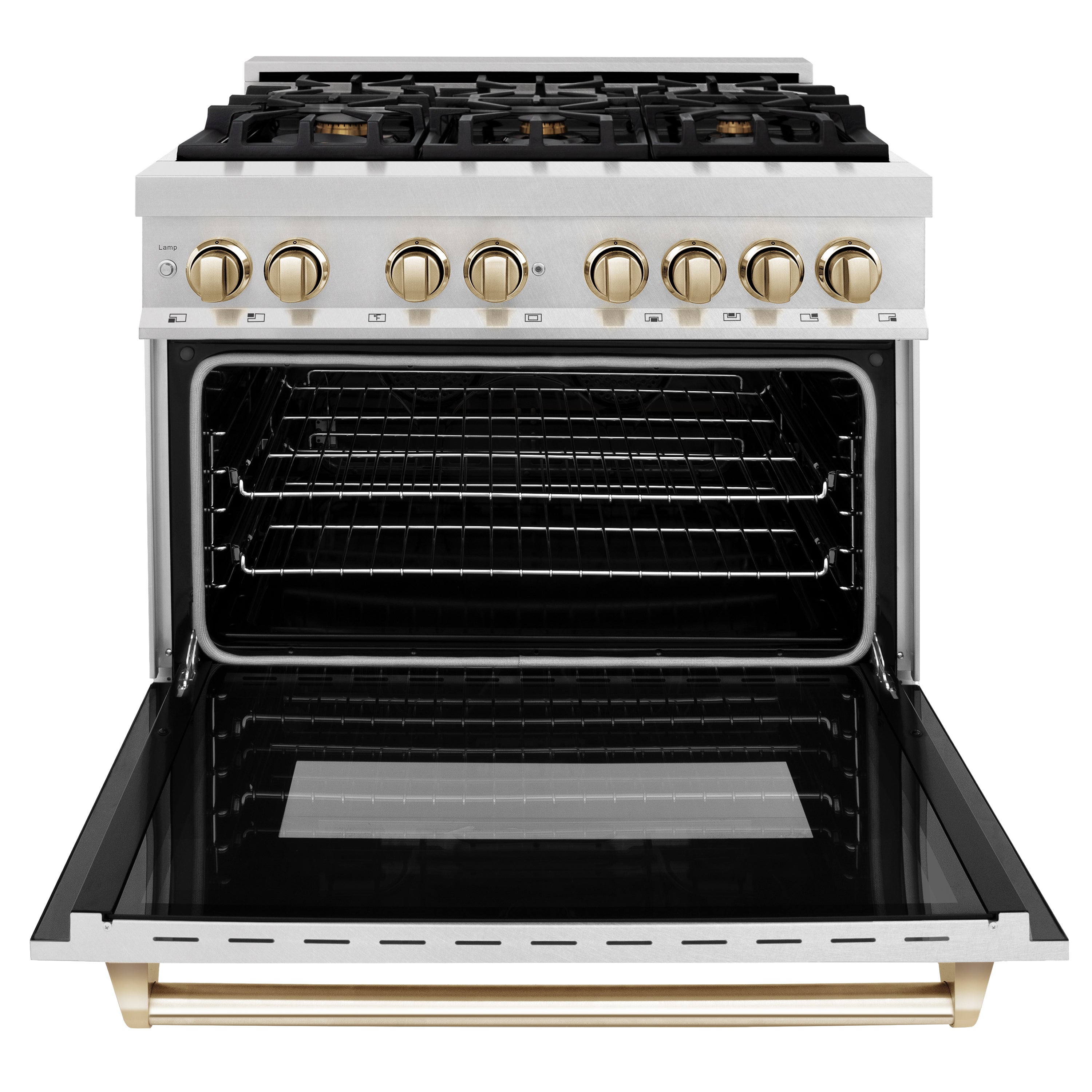 ZLINE Autograph Edition 36" 4.6 cu. ft. Dual Fuel Range with Gas Stove and Electric Oven in Fingerprint Resistant Stainless Steel with Polished Gold Accents (RASZ-SN-36-G)