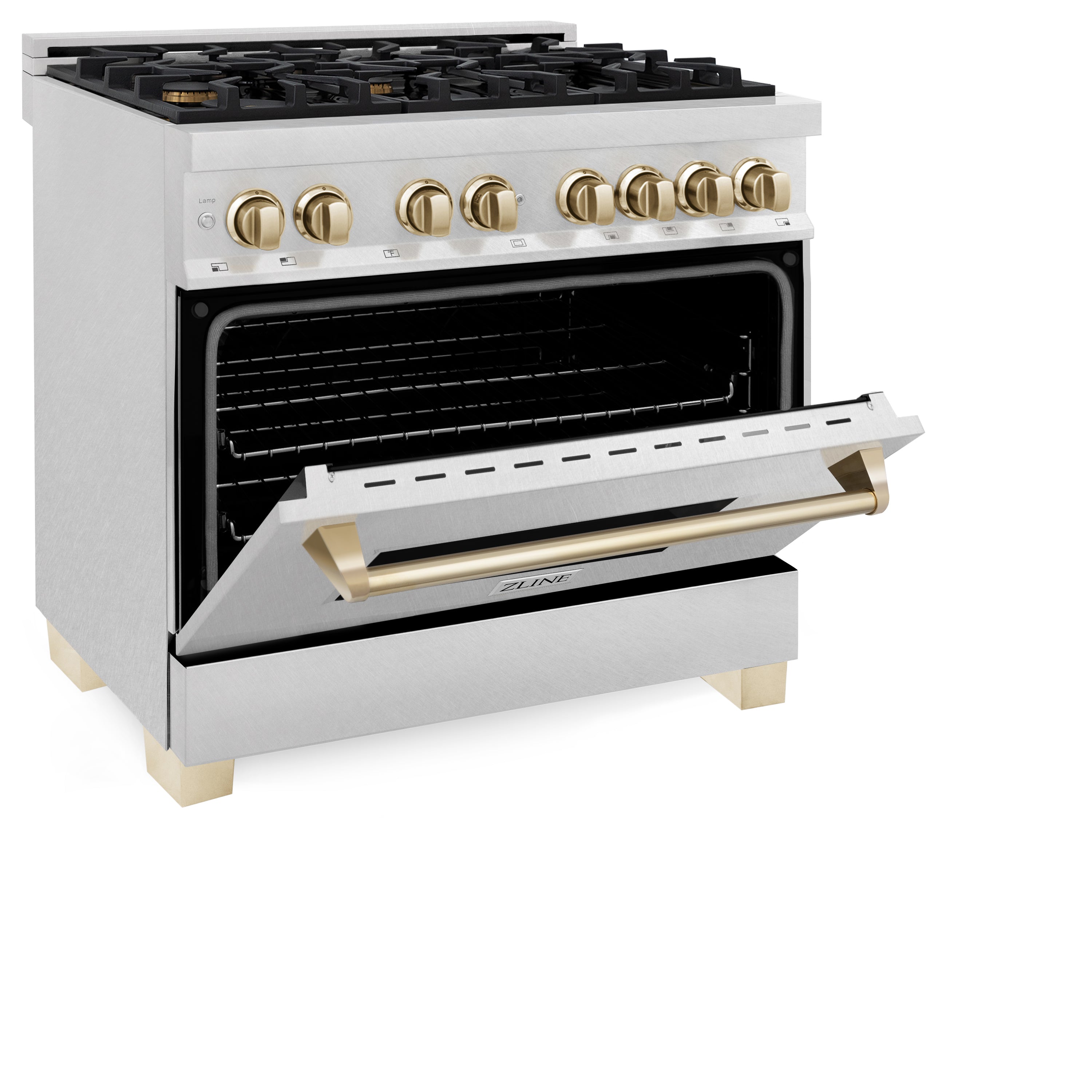 ZLINE Autograph Edition 36" 4.6 cu. ft. Dual Fuel Range with Gas Stove and Electric Oven in Fingerprint Resistant Stainless Steel with Polished Gold Accents (RASZ-SN-36-G)
