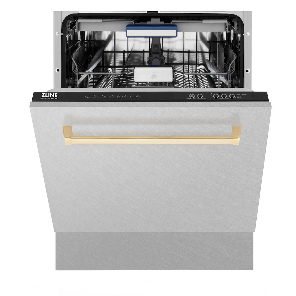 ZLINE Autograph Edition 24" 3rd Rack Top Control Tall Tub Dishwasher in Fingerprint Resistant Stainless Steel with Polished Gold Handle, 51dBa (DWVZ-SN-24-G)