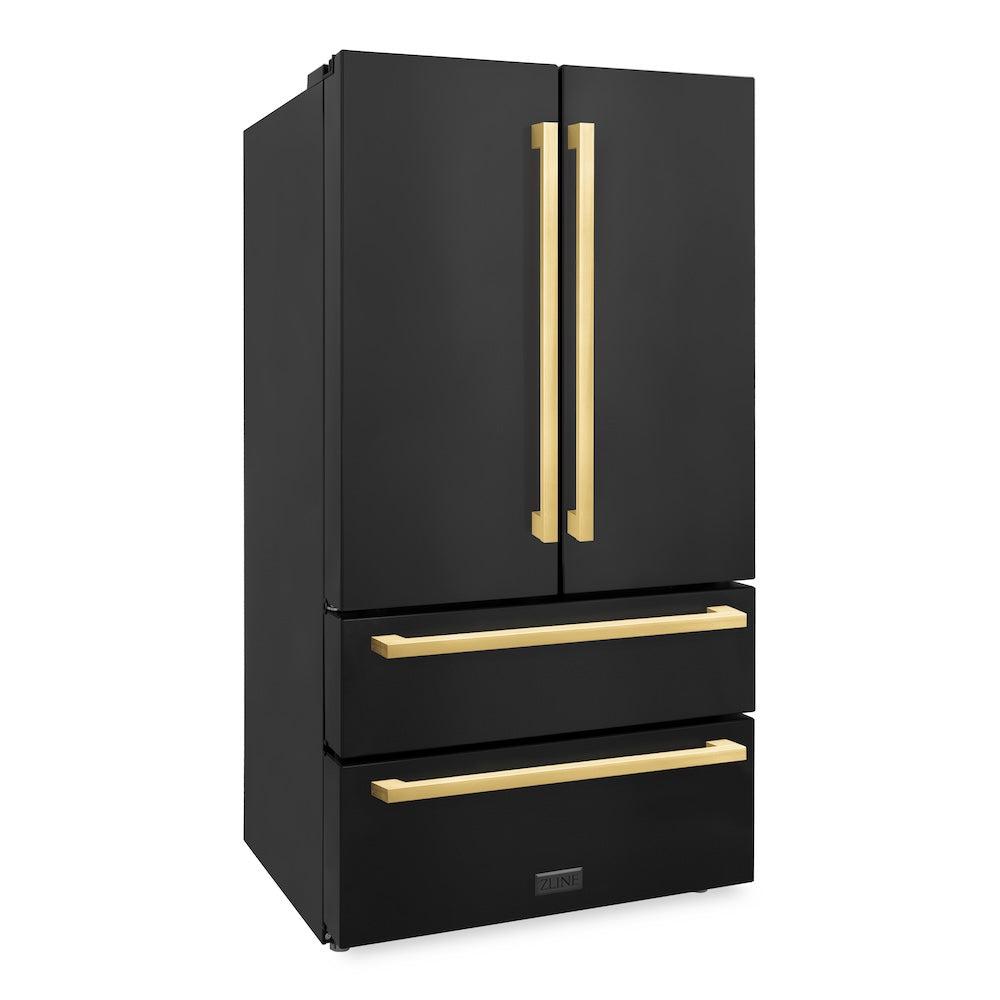 ZLINE 36 in. Autograph Edition 22.5 cu. ft 4-Door French Door Refrigerator with Ice Maker in Black Stainless Steel with Polished Gold Square Handles (RFMZ-36-BS-FG)