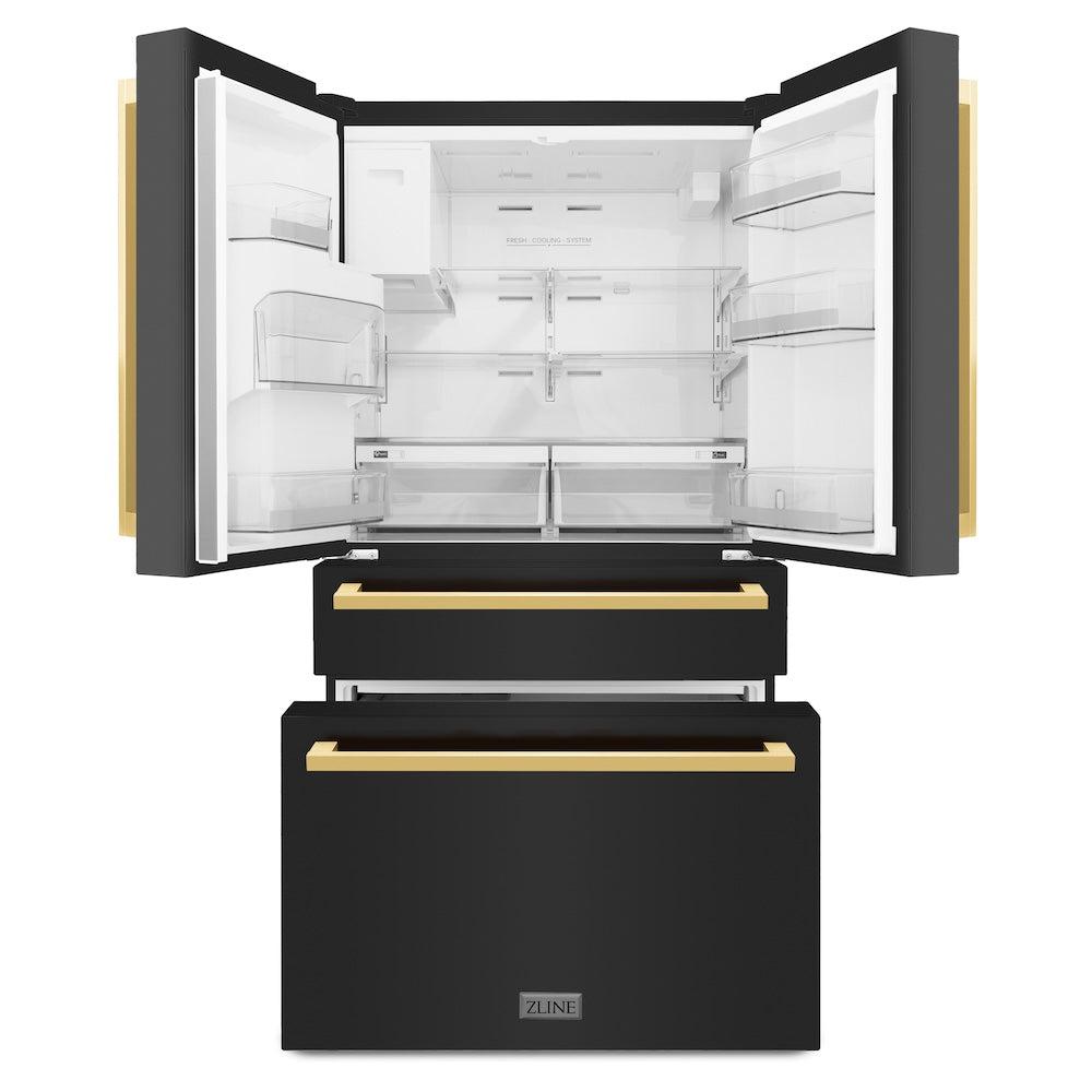 ZLINE 36 in. Autograph Edition 21.6 cu. ft 4-Door French Door Refrigerator with Water and Ice Dispenser in Black Stainless Steel with Polished Gold Square Handles (RFMZ-W-36-BS-FG)