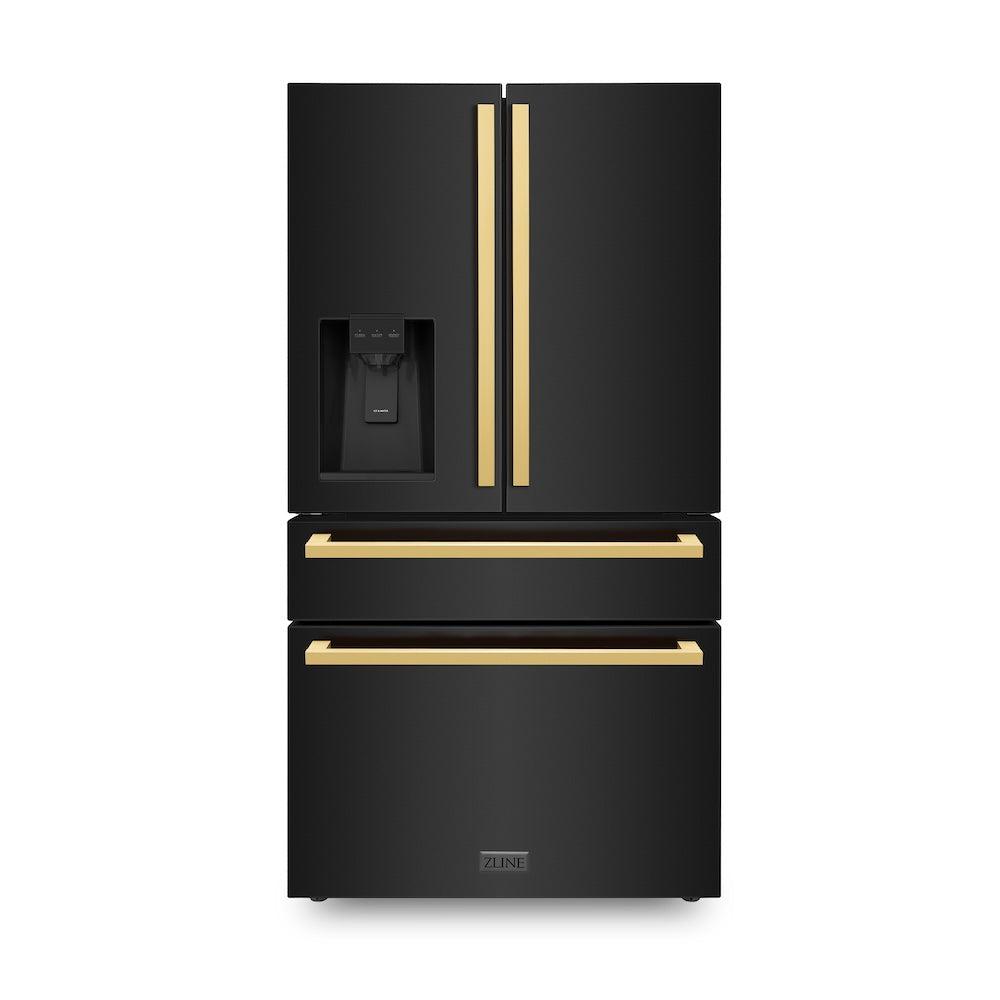 ZLINE 36 in. Autograph Edition 21.6 cu. ft 4-Door French Door Refrigerator with Water and Ice Dispenser in Black Stainless Steel with Polished Gold Square Handles (RFMZ-W-36-BS-FG)