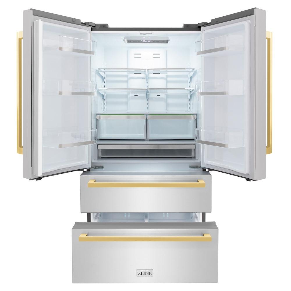 ZLINE 36 in. Autograph Edition 22.5 cu. ft 4-Door French Door Refrigerator with Ice Maker in Stainless Steel with Polished Gold Square Handles (RFMZ-36-FG)