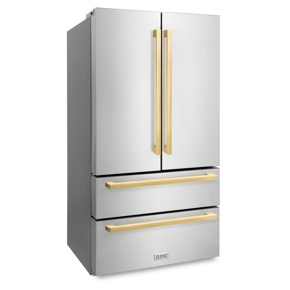 ZLINE 36 in. Autograph Edition 22.5 cu. ft 4-Door French Door Refrigerator with Ice Maker in Stainless Steel with Polished Gold Square Handles (RFMZ-36-FG)