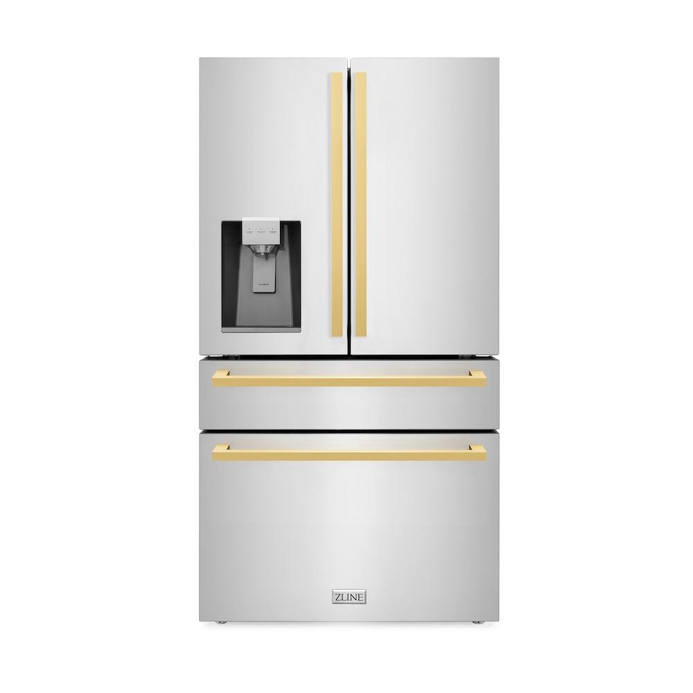 ZLINE 36 in. Autograph Edition 21.6 cu. ft 4-Door French Door Refrigerator with Water and Ice Dispenser in Stainless Steel with Polished Gold Square Handles (RFMZ-W-36-FG)