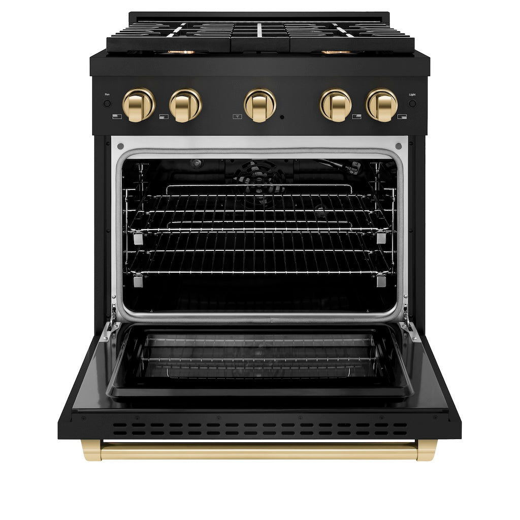 ZLINE Autograph Edition 30 in. 4.2 cu. ft. 4 Burner Gas Range with Convection Gas Oven in Black Stainless Steel and Champagne Bronze Accents (SGRBZ-30-CB)