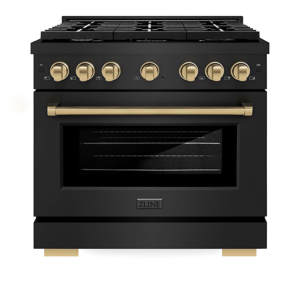 ZLINE Autograph Edition 36 in. 5.2 cu. ft. 6 Burner Gas Range with Convection Gas Oven in Black Stainless Steel and Champagne Bronze Accents (SGRBZ-36-CB)