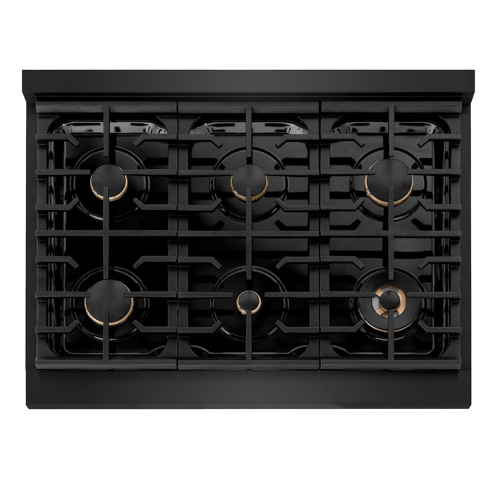 ZLINE Autograph Edition 36 in. 5.2 cu. ft. 6 Burner Gas Range with Convection Gas Oven in Black Stainless Steel and Champagne Bronze Accents (SGRBZ-36-CB)