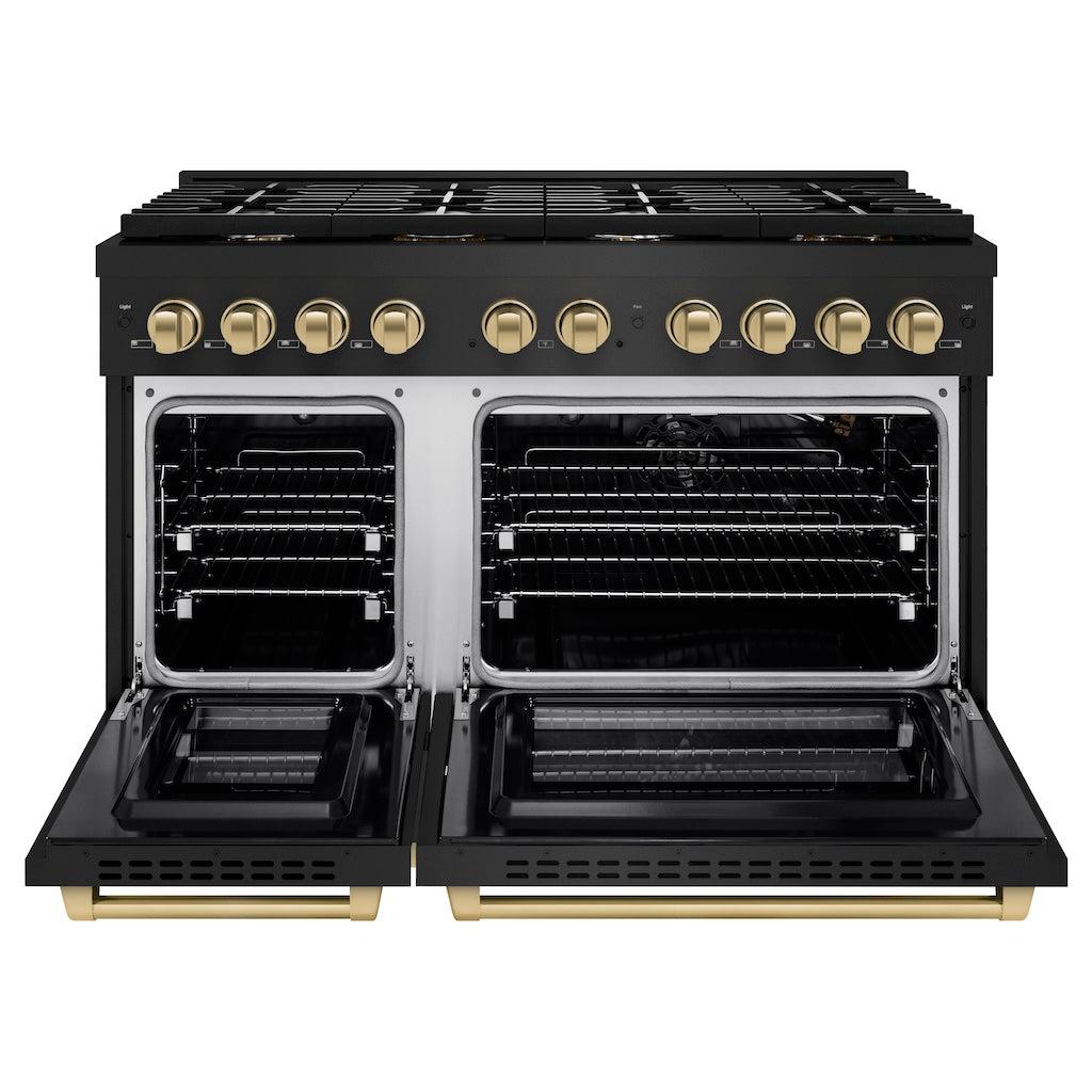ZLINE Autograph Edition 48 in. 6.7 cu. ft. 8 Burner Double Oven Gas Range in Black Stainless Steel and Champagne Bronze Accents (SGRBZ-48-CB)
