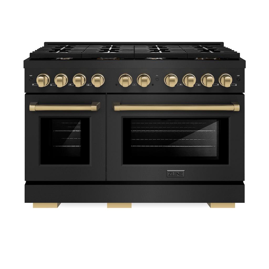 ZLINE Autograph Edition 48 in. 6.7 cu. ft. 8 Burner Double Oven Gas Range in Black Stainless Steel and Champagne Bronze Accents (SGRBZ-48-CB)