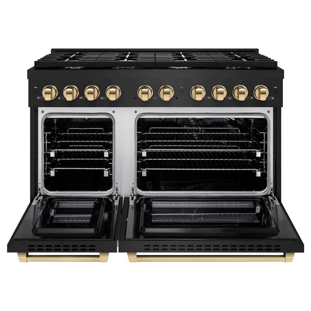 ZLINE Autograph Edition 48 in. 6.7 cu. ft. 8 Burner Double Oven Gas Range in Black Stainless Steel and Polished Gold Accents (SGRBZ-48-G)