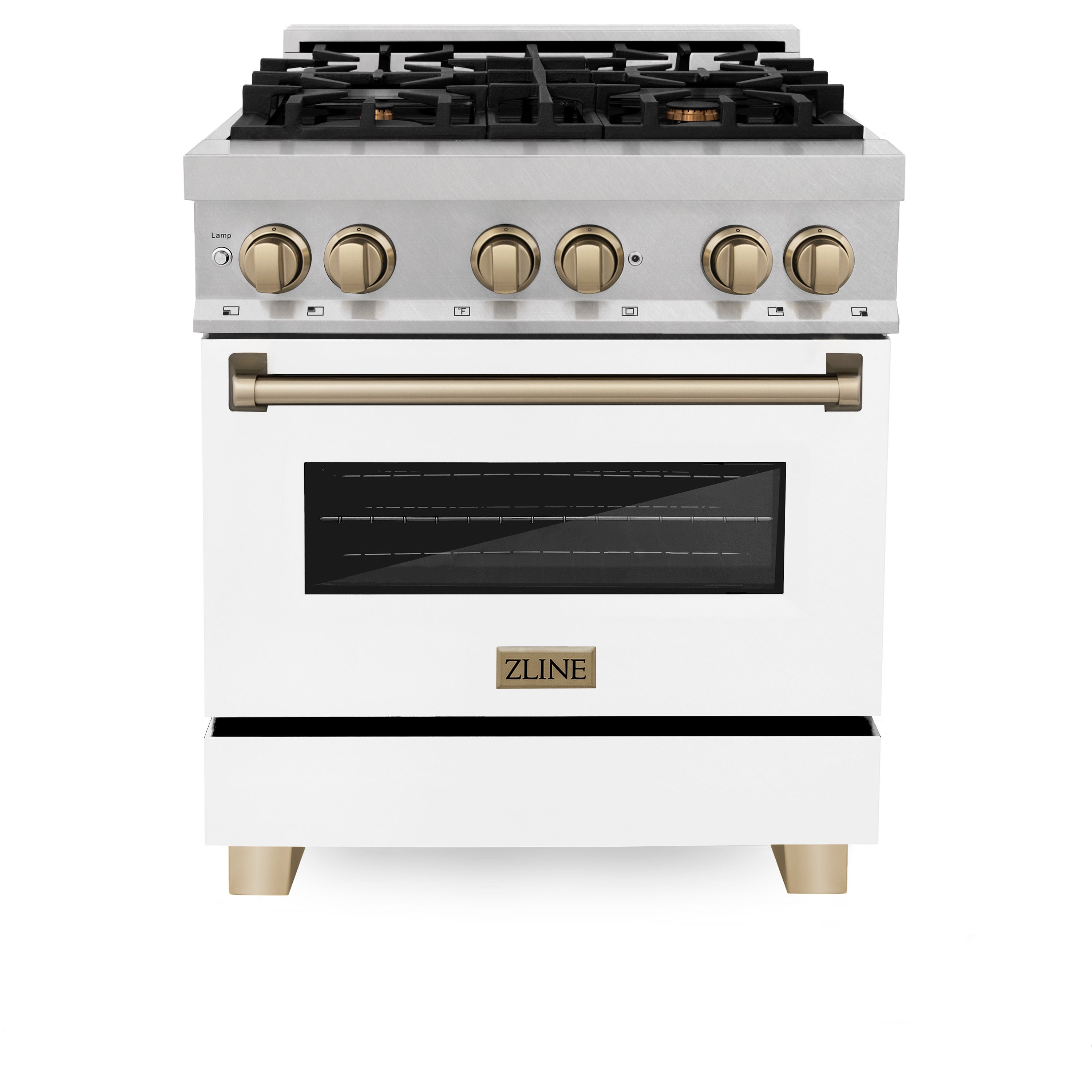 ZLINE Autograph Edition 30" 4.0 cu. ft. Dual Fuel Range with Gas Stove and Electric Oven in DuraSnow Stainless Steel with White Matte Door and Champagne Bronze Accents (RASZ-WM-30-CB)