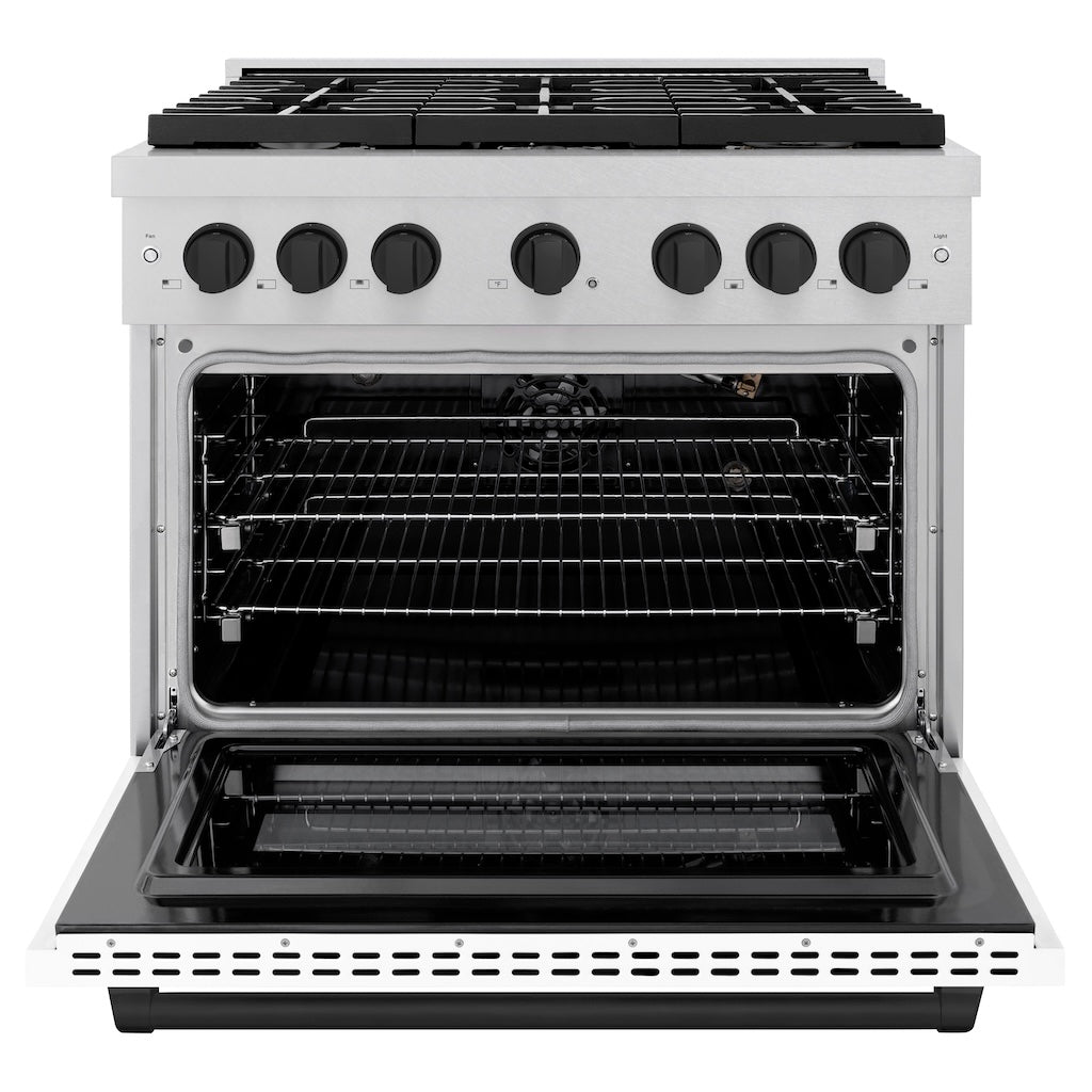 ZLINE Autograph Edition 36 in. 5.2 cu. ft. 6 Burner Gas Range with Convection Gas Oven in DuraSnow Stainless Steel with White Matte Door and Matte Black Accents (SGRSZ-WM-36-MB)