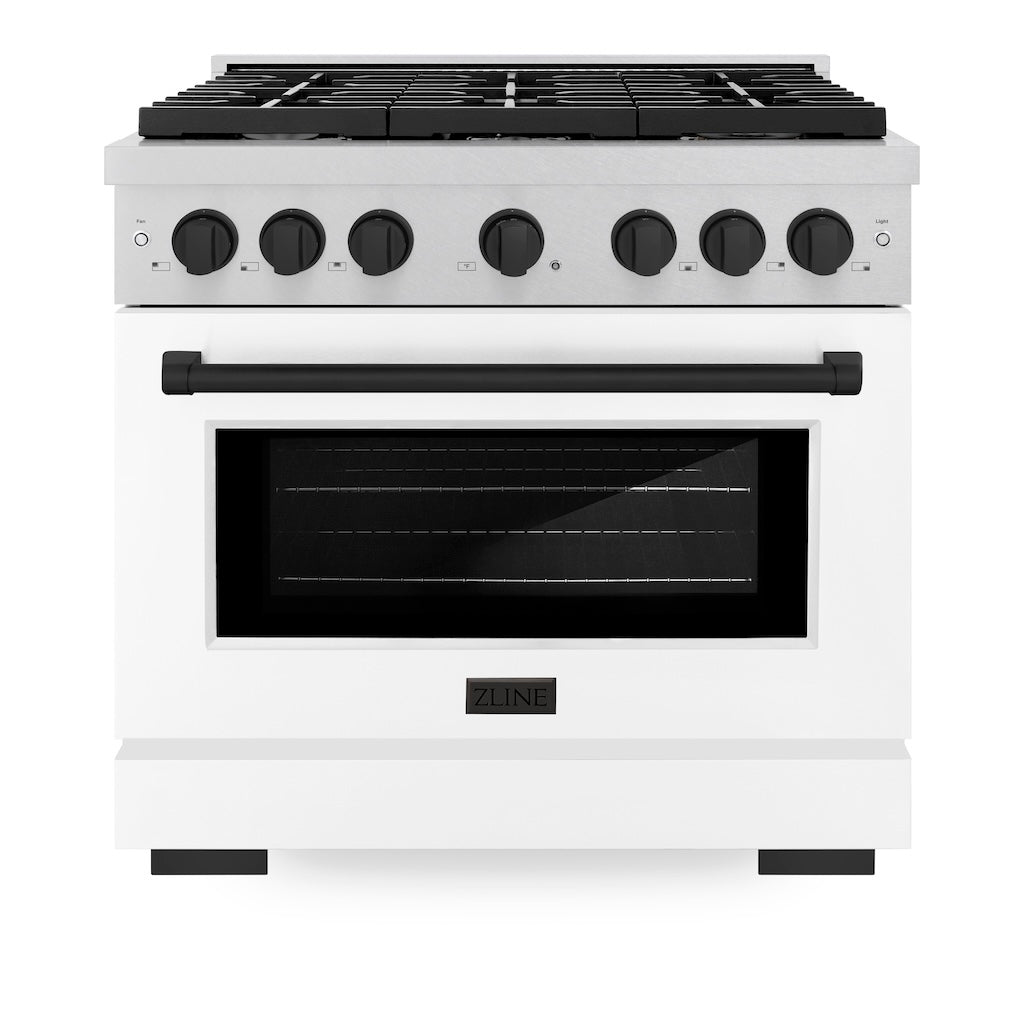 ZLINE Autograph Edition 36 in. 5.2 cu. ft. 6 Burner Gas Range with Convection Gas Oven in DuraSnow Stainless Steel with White Matte Door and Matte Black Accents (SGRSZ-WM-36-MB)