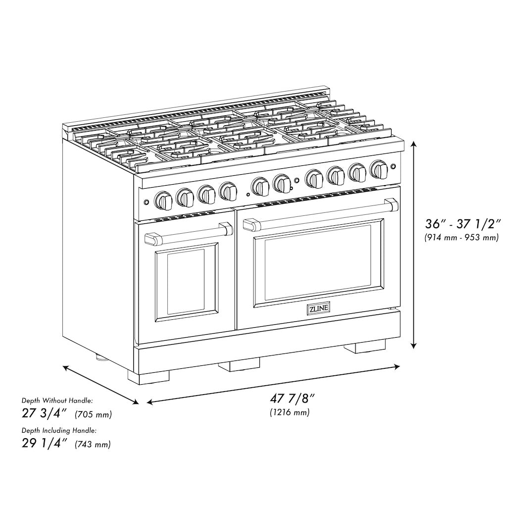 ZLINE Autograph Edition 48 in. 6.7 cu. ft. 8 Burner Double Oven Gas Range in Stainless Steel with Black Matte Doors and Polished Gold Accents (SGRZ-BLM-48-G)